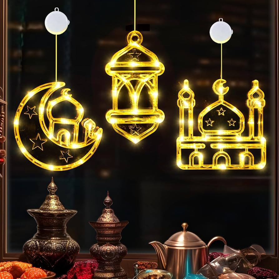 LOLStar Ramadan Decorations, 3 Pack Warm White Lantern, Moon, Mosque Eid Mubarak Window Lights Ba... | Amazon (US)