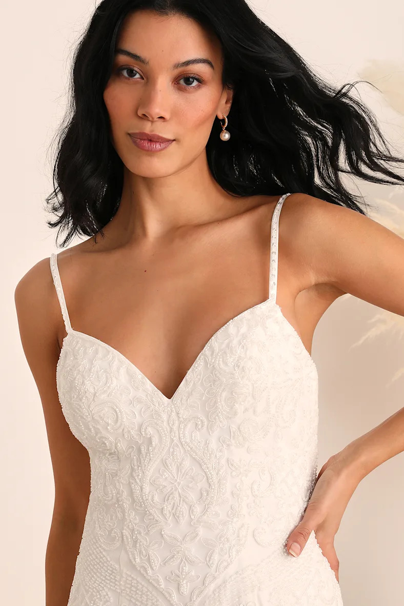 Dream Romance White Beaded Tulle Trumpet Maxi Dress | Lulus (US)