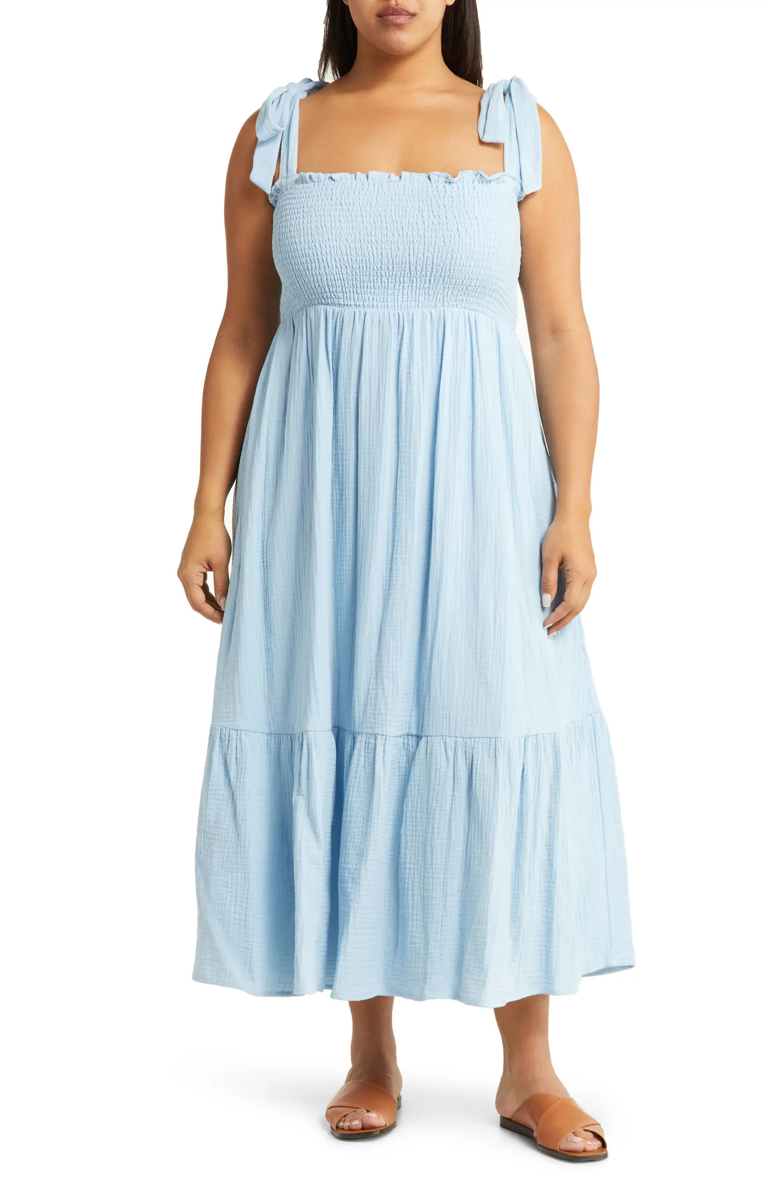Smocked Tie Strap Cotton Gauze Midi Sundress | Nordstrom