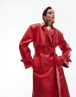 Topshop long-line faux leather trench coat in red | ASOS (Global)