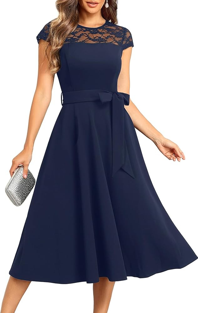 Wedding Guest Dresses Women - Cocktail Party Semi Formal 2026 Church Vintage A-Line Midi Dress | Amazon (US)