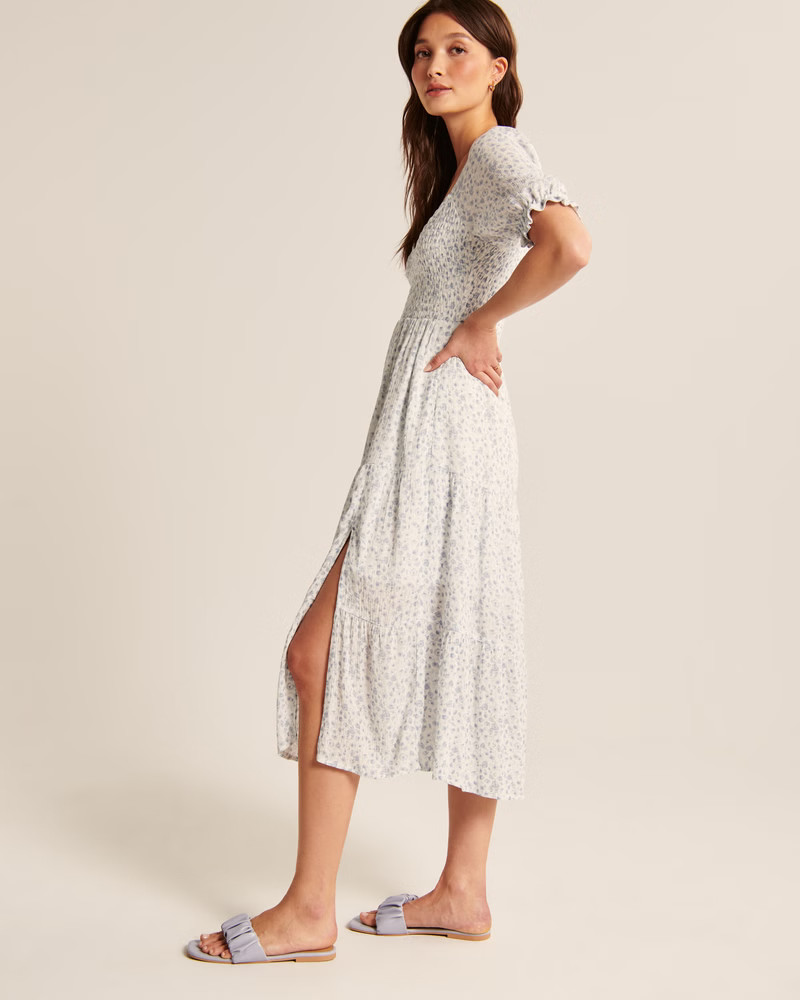 Women's Short-Sleeve Smocked Midi Dress | Women's Dresses & Jumpsuits | Abercrombie.com | Abercrombie & Fitch (US)