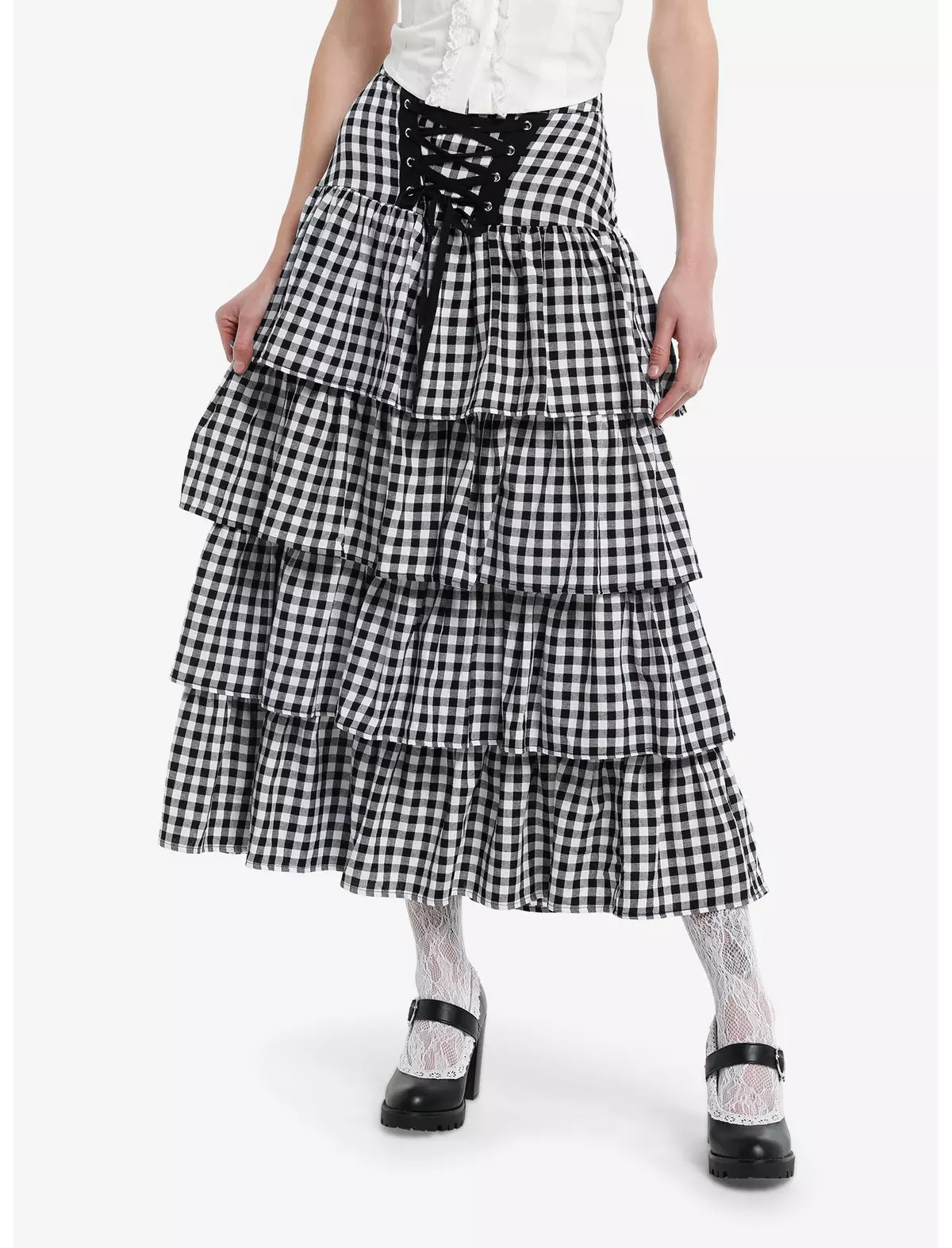 Thorn & Fable Black & White Gingham Tiered Midi Skirt | Hot Topic