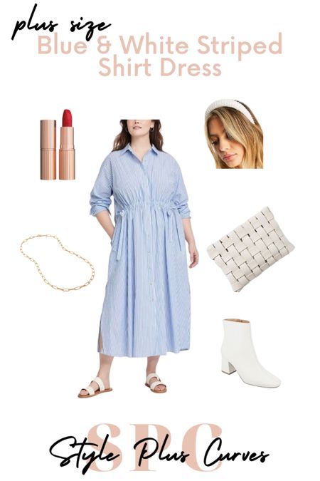 Plus size blue and white striped shirt dress from Target, styled with white accessories and a red lip. Super cute dress, even cuter styled!

#LTKfindsunder50 #LTKplussize