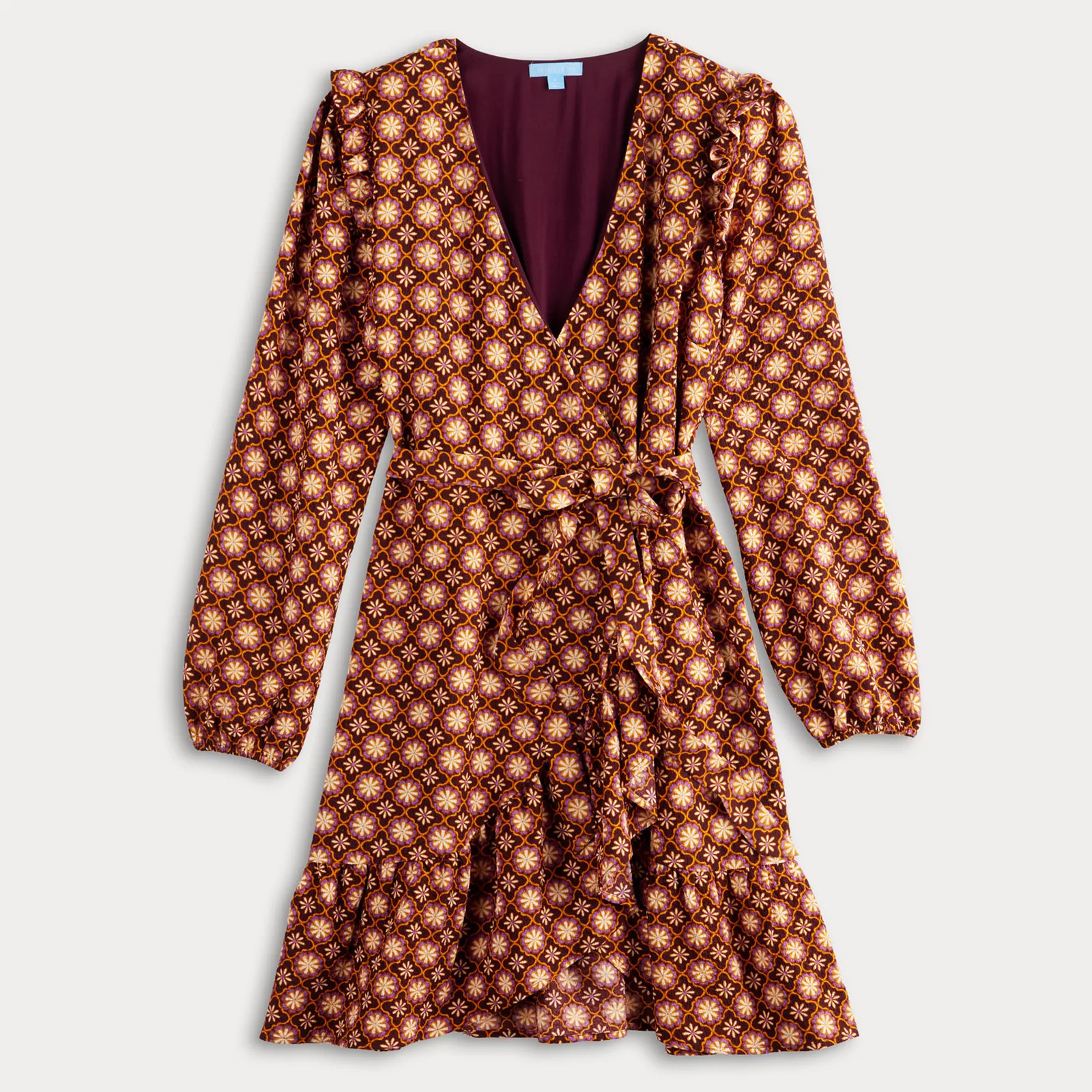 Women's Draper James Allover Geo Long Sleeve Ruffle Wrap Mini Dress | Kohl's