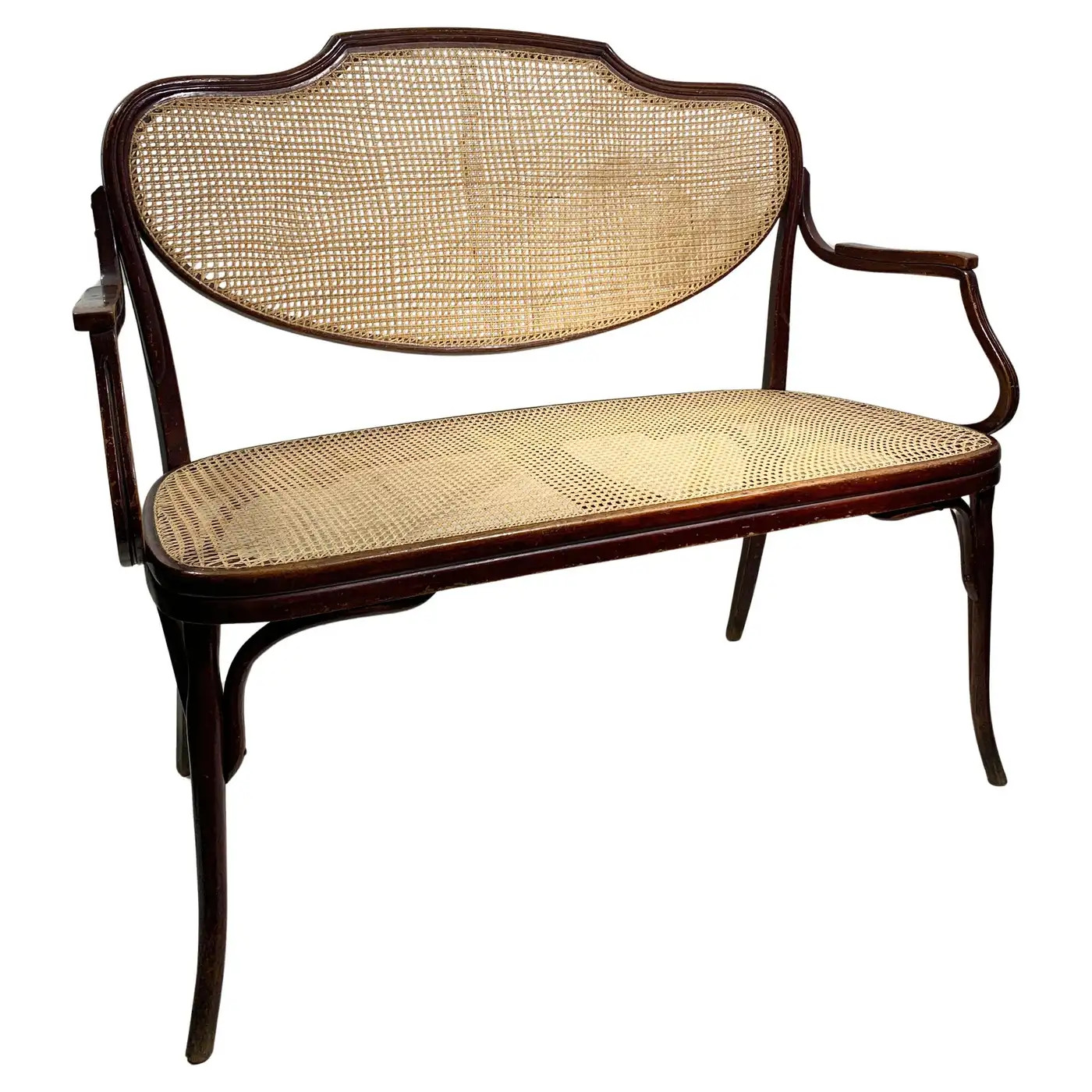 J. & J. Kohn Bentwood and Rattan Bench, with Label, Austria, Circa 1900 | 1stDibs
