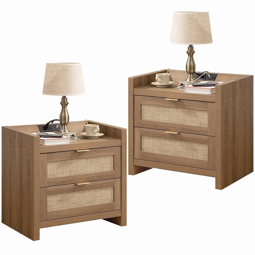 SICOTAS Night Stand Set of 2 - Rattan Nightstands with Type-C Charging Station, 2 Rattan Drawers ... | Amazon (US)