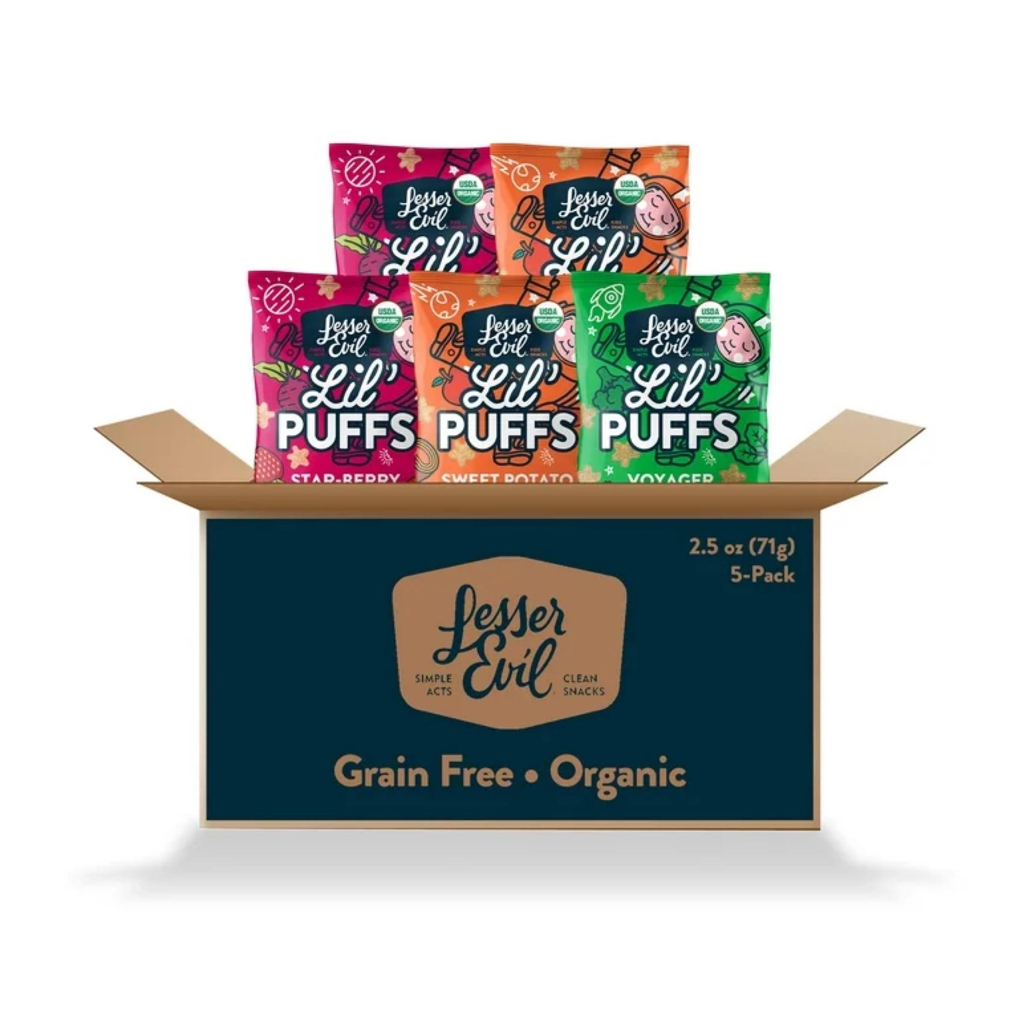LesserEvil Lil' Puffs Variety RE32&nbsp;Pack, Contains 2 Sweet Potato Apple, 2 Strawberry Beet, and 1 Veggie Blend, Organic Snacks for Kids, Rice-Free, 0g Sugar Per Serving, 2.5 Oz, (Pack of 5)

#LTKbaby #LTKfamily #LTKkids