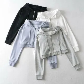 Plain Cropped Zip-Up Hoodie / Drawstring-Cuff Sweatpants | YesStyle Global