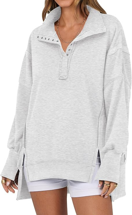 ANRABESS Women's Sweatshirts Oversized Casual Loose Button Up Henley Pullover Top High Low Split ... | Amazon (US)