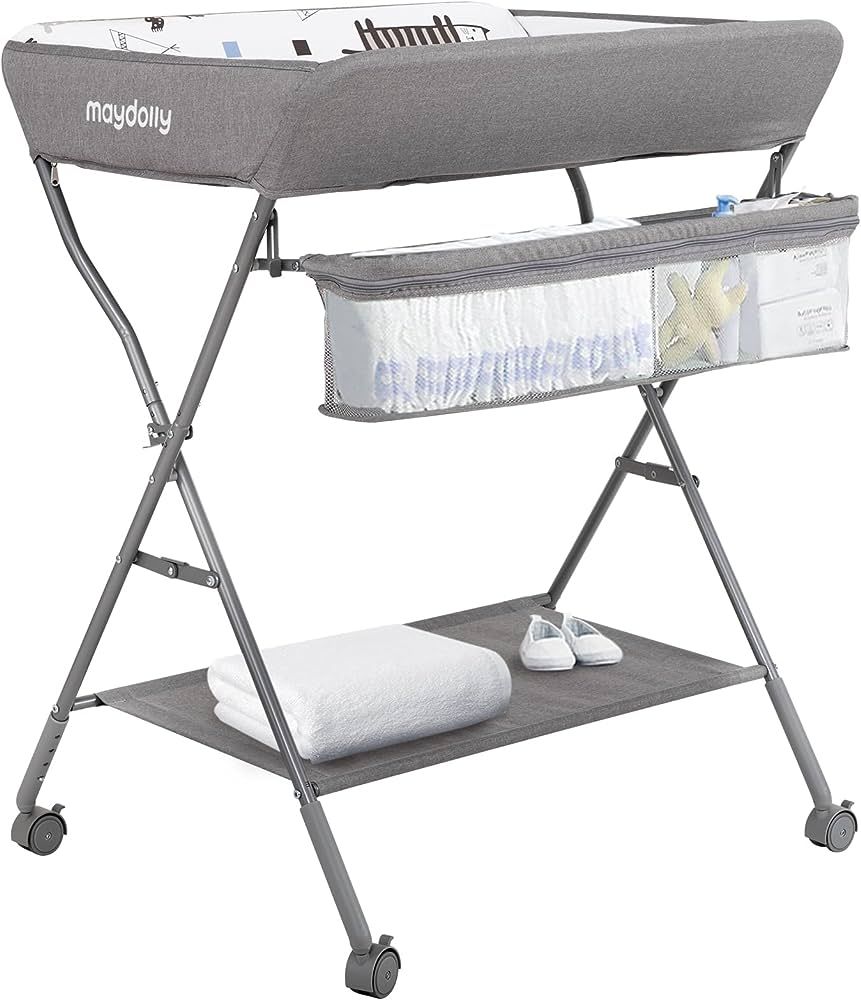 Baby Changing Table with Wheels, Maydolly Portable Adjustable Height Folding Diaper Station with ... | Amazon (US)