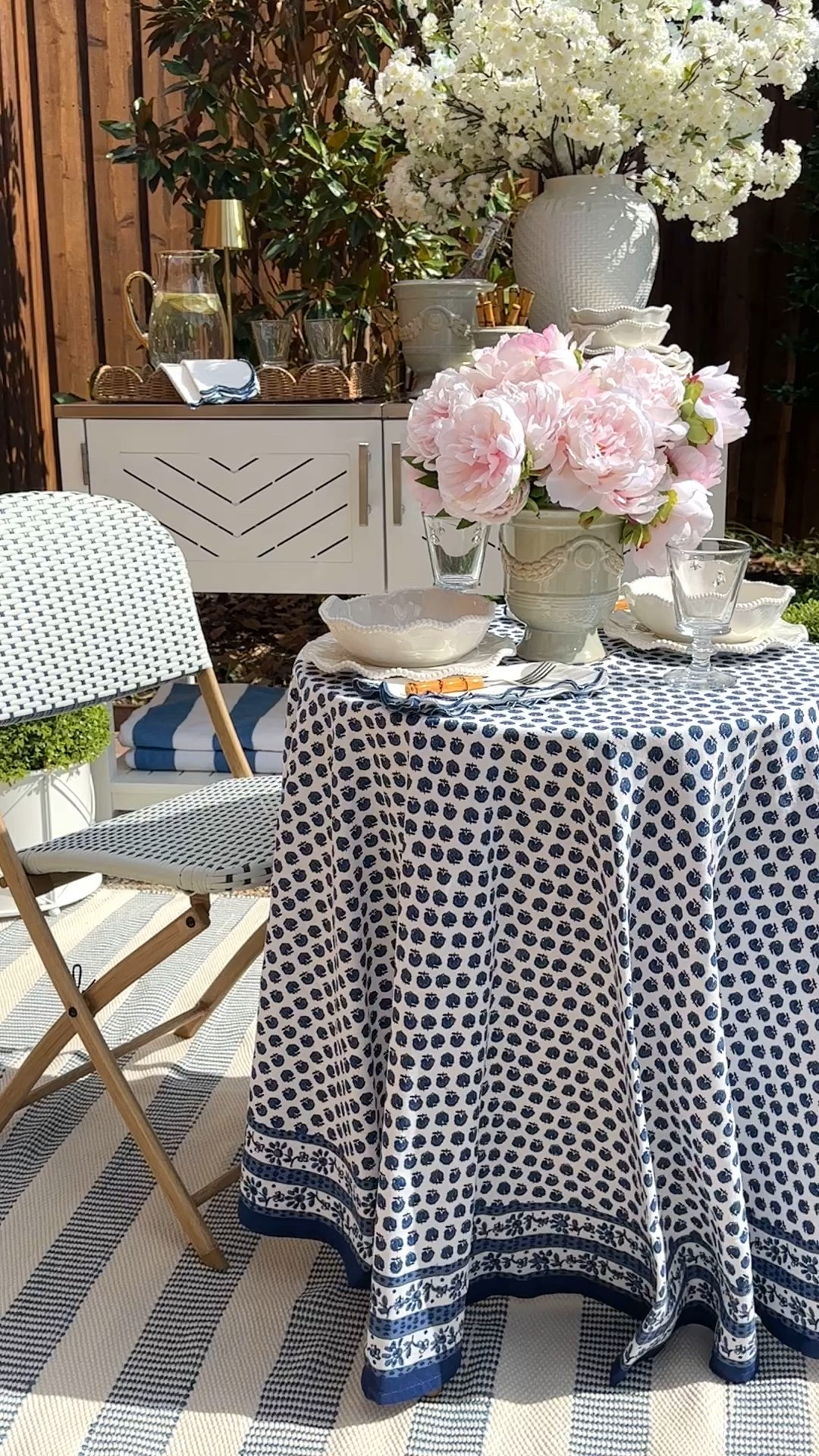 Block print tablecloth, blue and white round tablecloth,  garden party outdoor entertaining bistro set white ruffle melamine plates  

#LTKSaleAlert #LTKFindsUnder50 #LTKHome