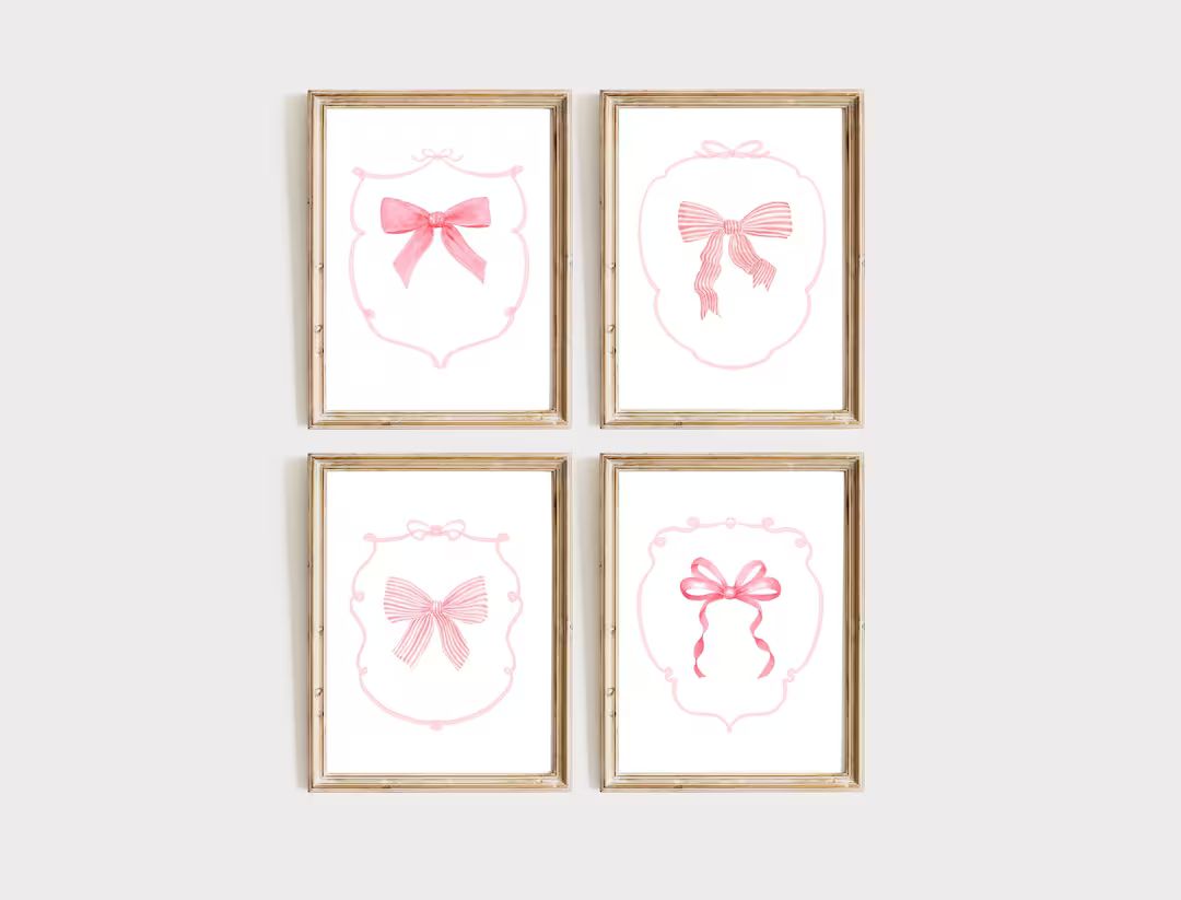 Pink Bow Set of 4 Watercolor Painting Art Prints, Nursery Decor, Girls Room Print, Baby Bow Art, ... | Etsy (US)