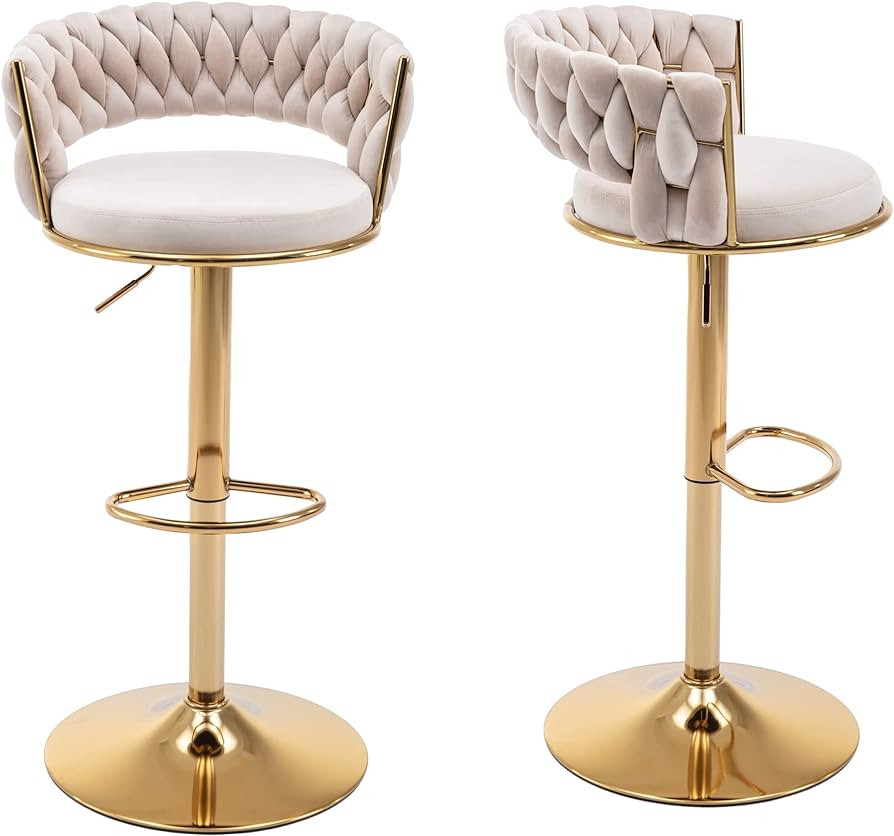 ABET Gold Bar Stool Set of 2, Velvet Swivel Woven Barstools, Height Adjustable Counter Stools wit... | Amazon (US)