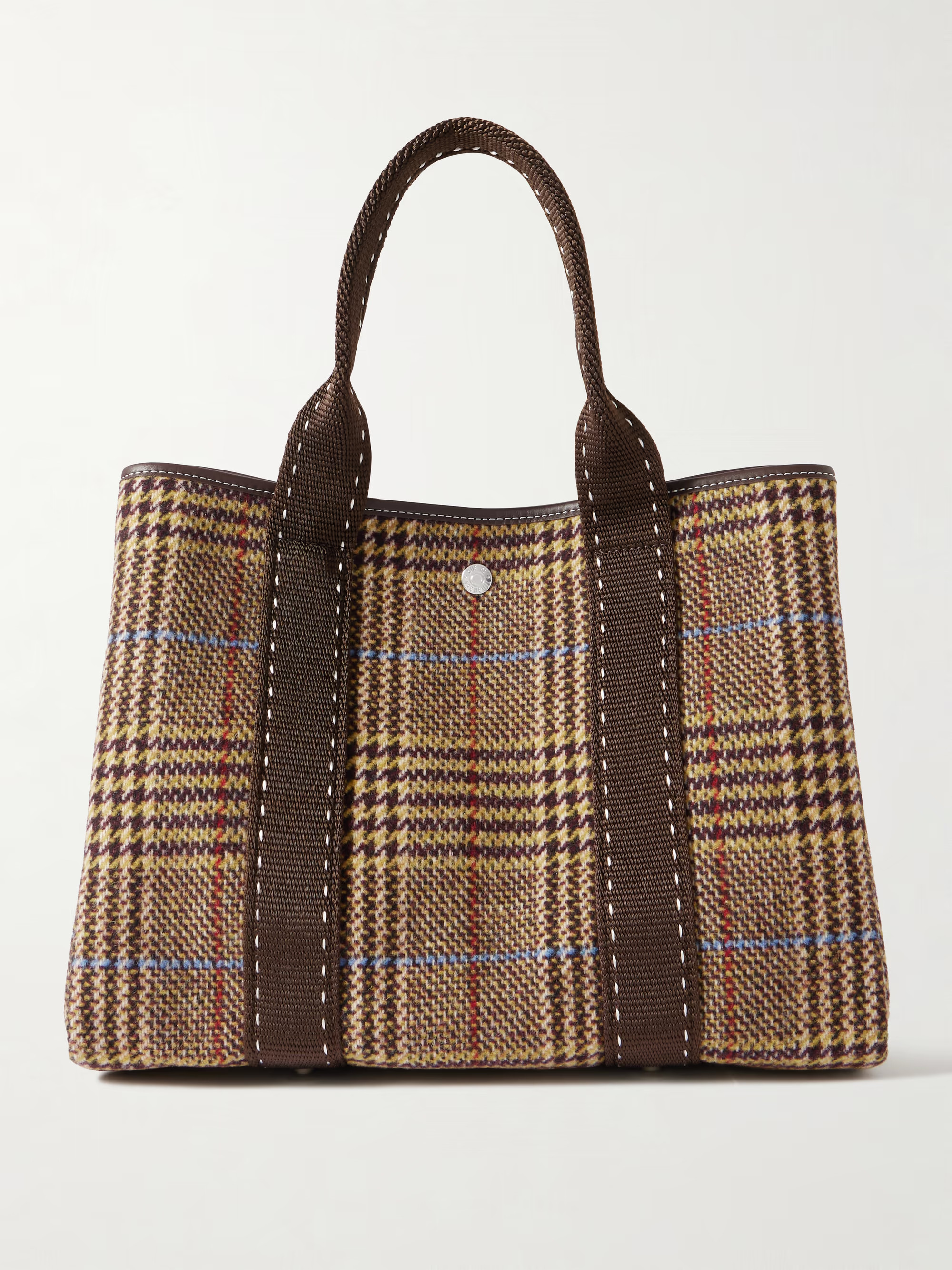 St Paul Traversée medium leather- and webbing-trimmed checked wool-blend tote | NET-A-PORTER (US)