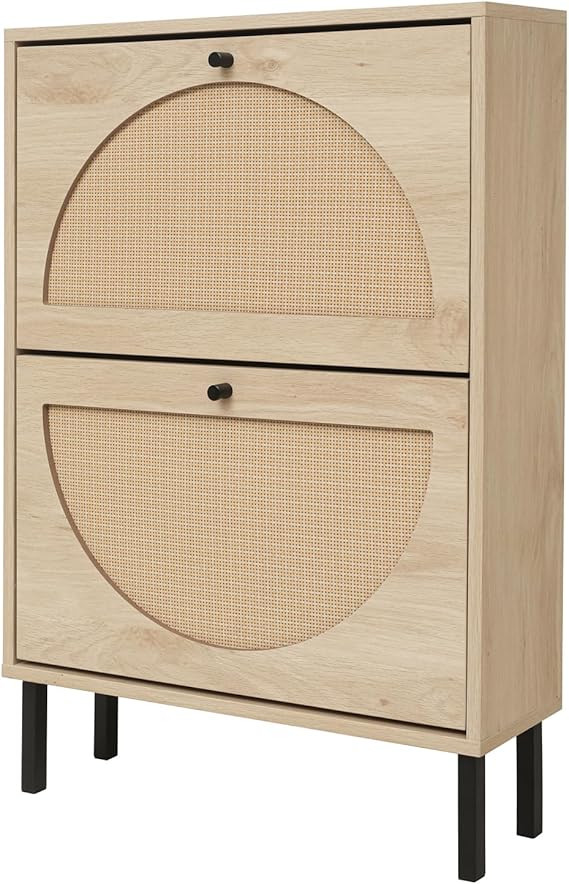 ZeHuoGe Rattan Shoe Cabinet with 2 Flip Drawers, Modern 2-Tier Shoe Rack Storage Cabinet for Heel... | Amazon (US)