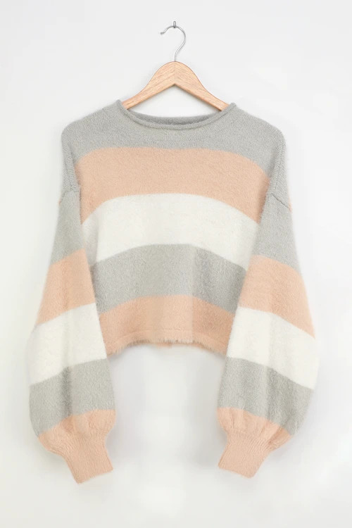 Cozy Nights Grey Multi Striped Eyelash Knit Pullover Sweater | Lulus (US)