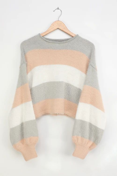 Cozy Nights Grey Multi Striped Eyelash Knit Pullover Sweater | Lulus (US)