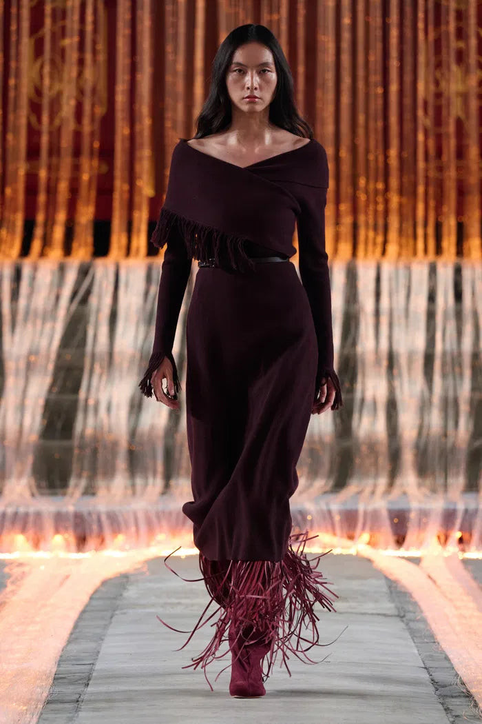 Oona One Shoulder Asymmetric Fringe Dress in Merino Wool with Stretch | Fabrique