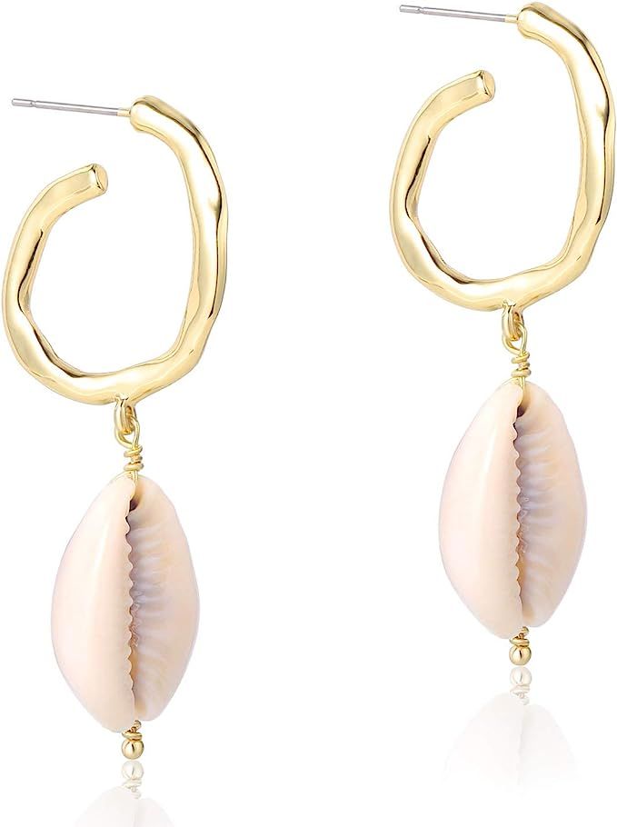 925 Sterling Silver Natural Cowrie Shells Semicircle Hoop Conch Seashell Drop Dangle Earrings 14K... | Amazon (US)