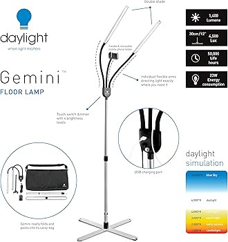 Daylight Company Gemini Floor Lamp, 2 Strobe Lamp, 4 Brightness Levels, Social Media, Nails, Salo... | Amazon (US)