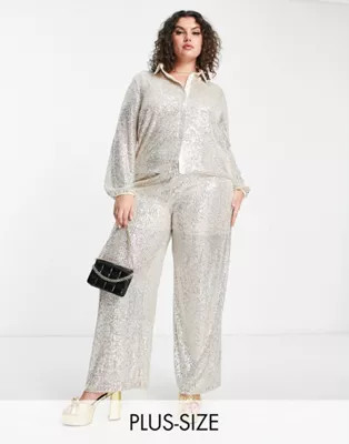 Flounce London Plus relaxed shirt in silver metallic sparkle - part of a set | ASOS (Global)
