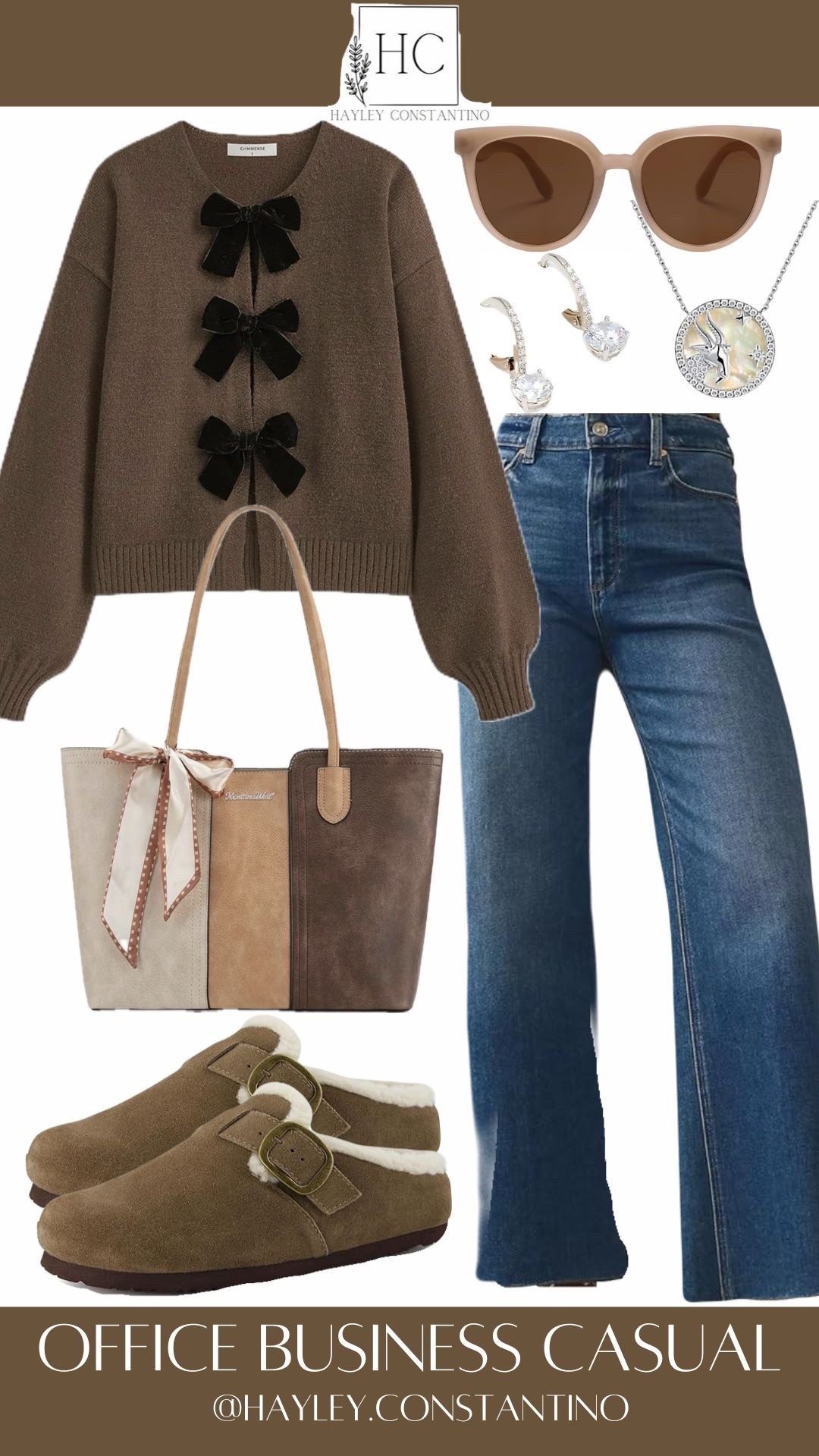 Office, but make it bow-tiful. 🎀
This outfit is giving polished professional with a flirty wink. The rich brown sweater steals the show with its velvet bow details—soft, feminine, and just dramatic enough to say “I mean business… but I’m also adorable.” Paired with classic medium-wash straight-leg jeans, it keeps things relaxed yet refined.
The comfy and cute mules tie everything together (yes, pun intended), adding comfort without sacrificing charm. Silver earrings and neutral sunglasses bring in a little boss-energy shine, while the matching multi color  tote says, “I carry confidence—and probably snacks.”
Where to wear it:
💼 Business casual office days when you want compliments before coffee
🧑‍💻 Client meetings where polished-but-approachable is the vibe
🍷 After-work dinners or happy hour (no outfit change required)
☕ Casual Fridays that still deserve a little effort
🛍️ Lunch meetings or networking events where style is part of your résumé

Classic meets cute. Professional meets playful. Proof that business casual doesn’t have to be boring—it can have bows and still get things done. 💅✨

#LTKOver40 #LTKWorkwear #LTKootd