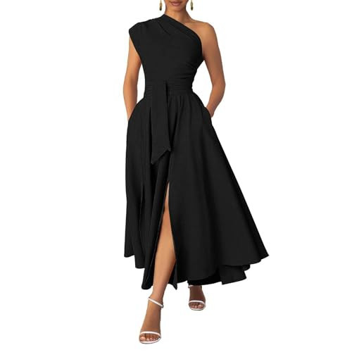 Ekaliy Women's One Shoulder Belted Maxi Dress Long Formal Wedding Guest Dress with Pockets Black 3XL | Amazon (US)
