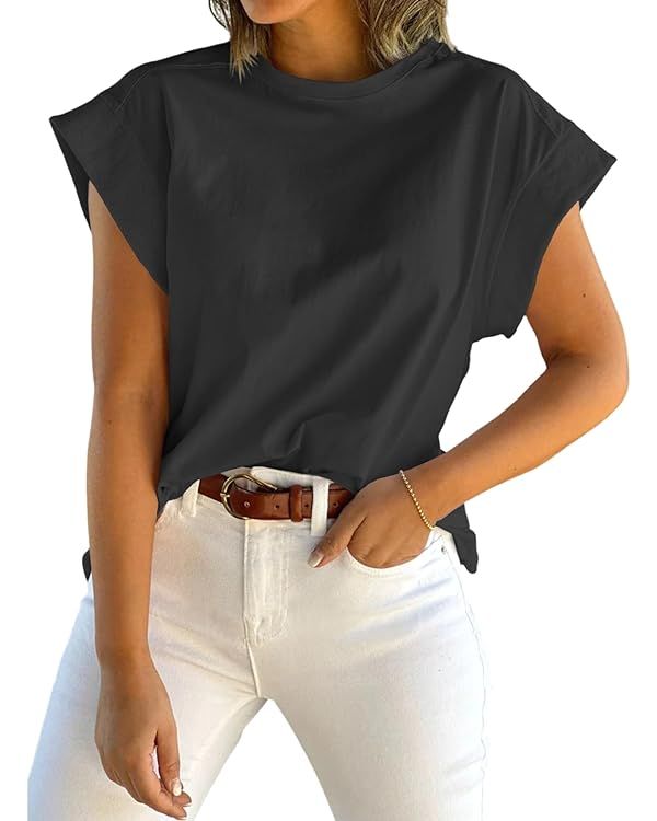 Tankaneo Womens Summer Cap Sleeve Tank Top Crew Neck Solid Casual Loose Fit Basic Tee Shirt | Amazon (US)