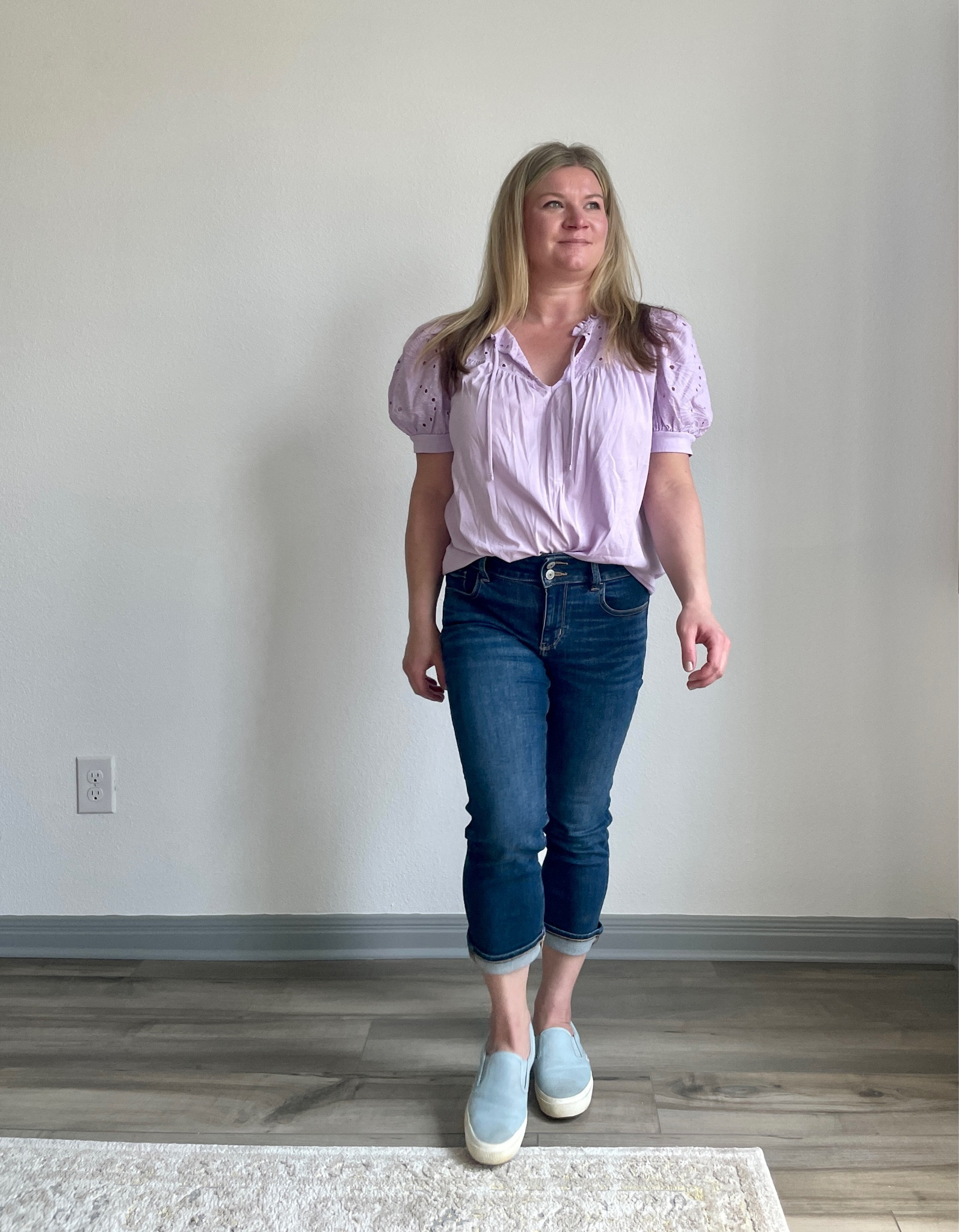 Loft purple puff sleeve top with American eagle jeans and superga slip ons

#LTKunder100 #LTKstyletip #LTKFind