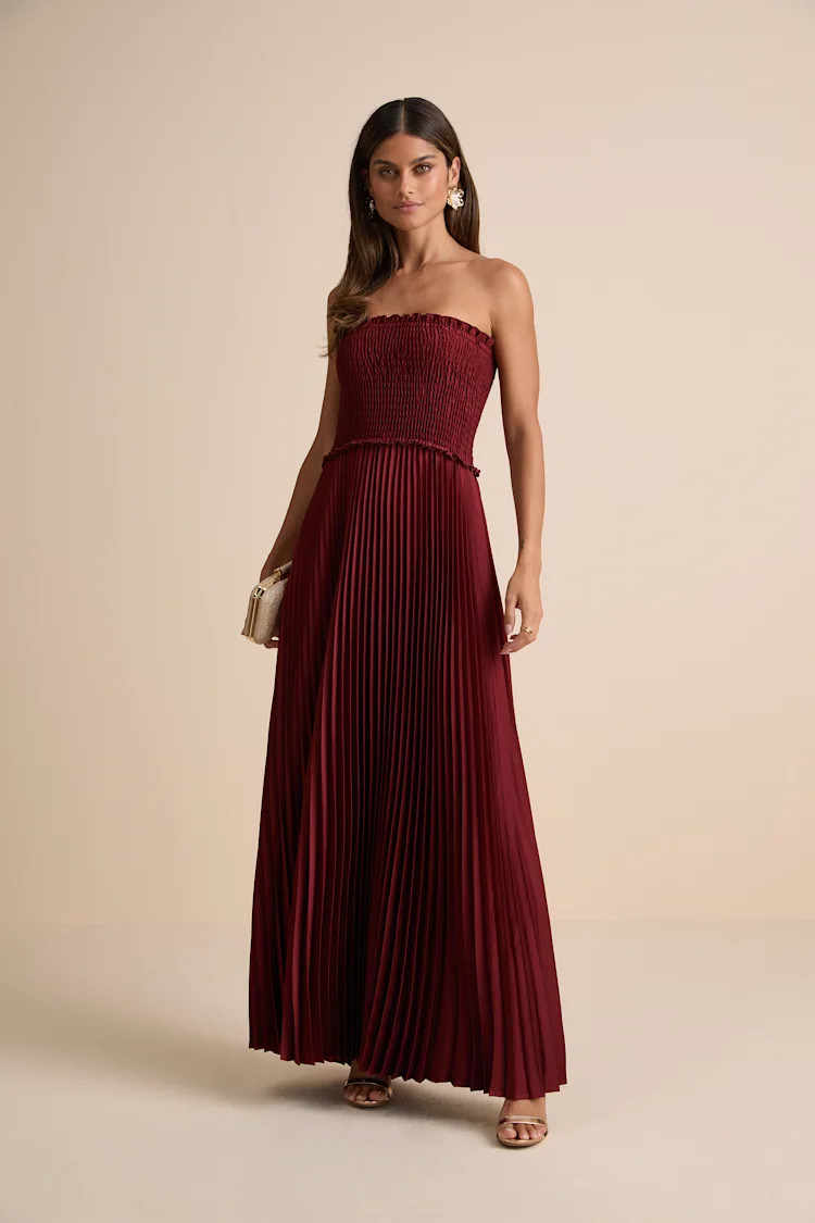 Damira Rust Satin Pleated Strapless Maxi Dress | Lulus
