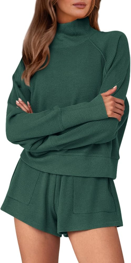 PRETTYGARDEN Womens 2023 Ribbed Knit Lounge Set 2 Piece Outfits Long Sleeve Tops and Shorts Fall ... | Amazon (US)