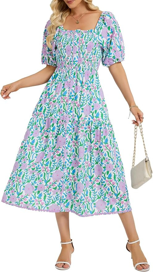EZAPINE Women's 2026 Summer Boho Floral Print Dress Square Neck Ruffle Swing Beach Vacation Long ... | Amazon (US)