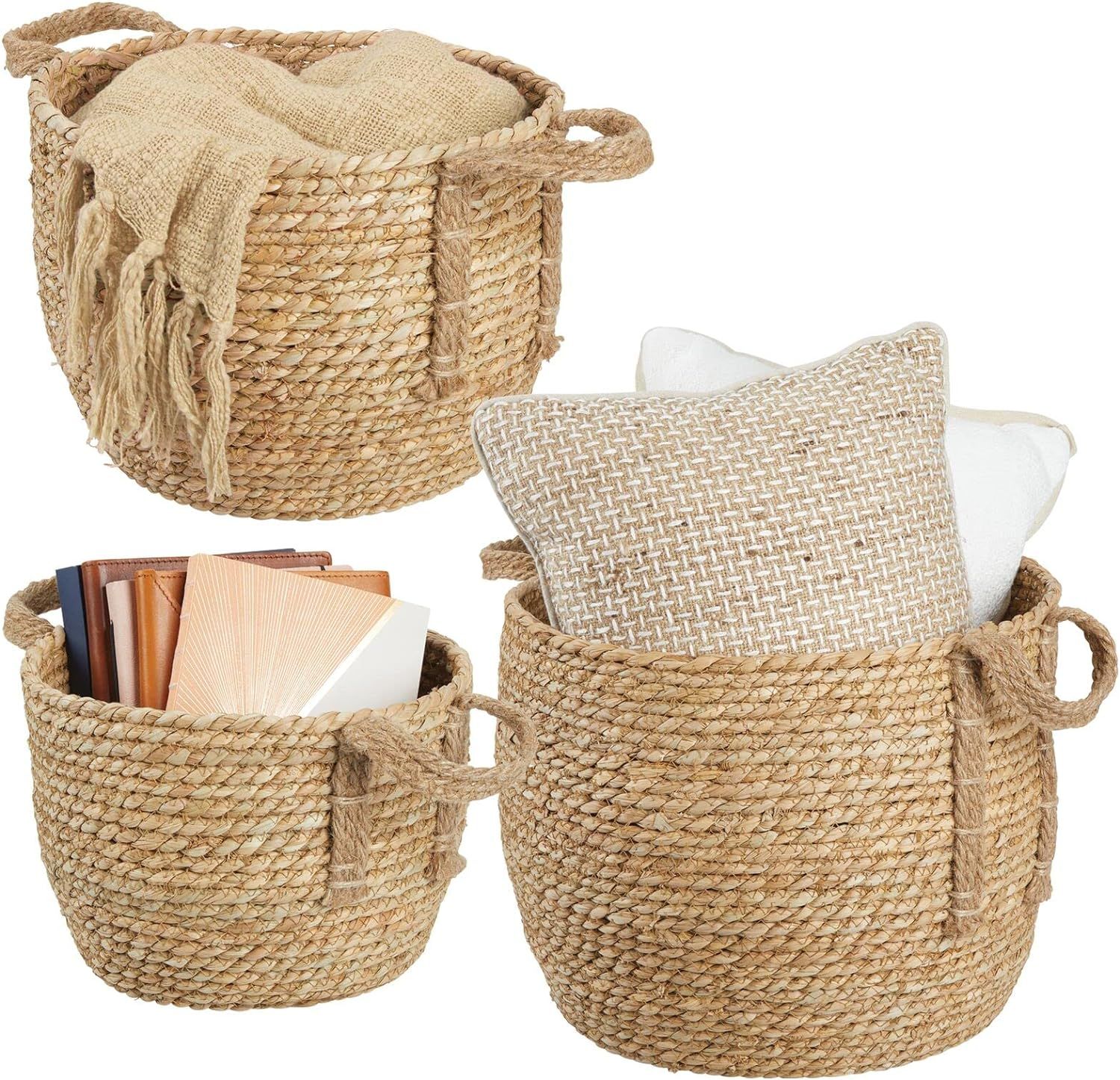mDesign Round Braided Seagrass Woven Storage Basket with Jute Handles - Rope Weave Circle-Shaped ... | Amazon (US)