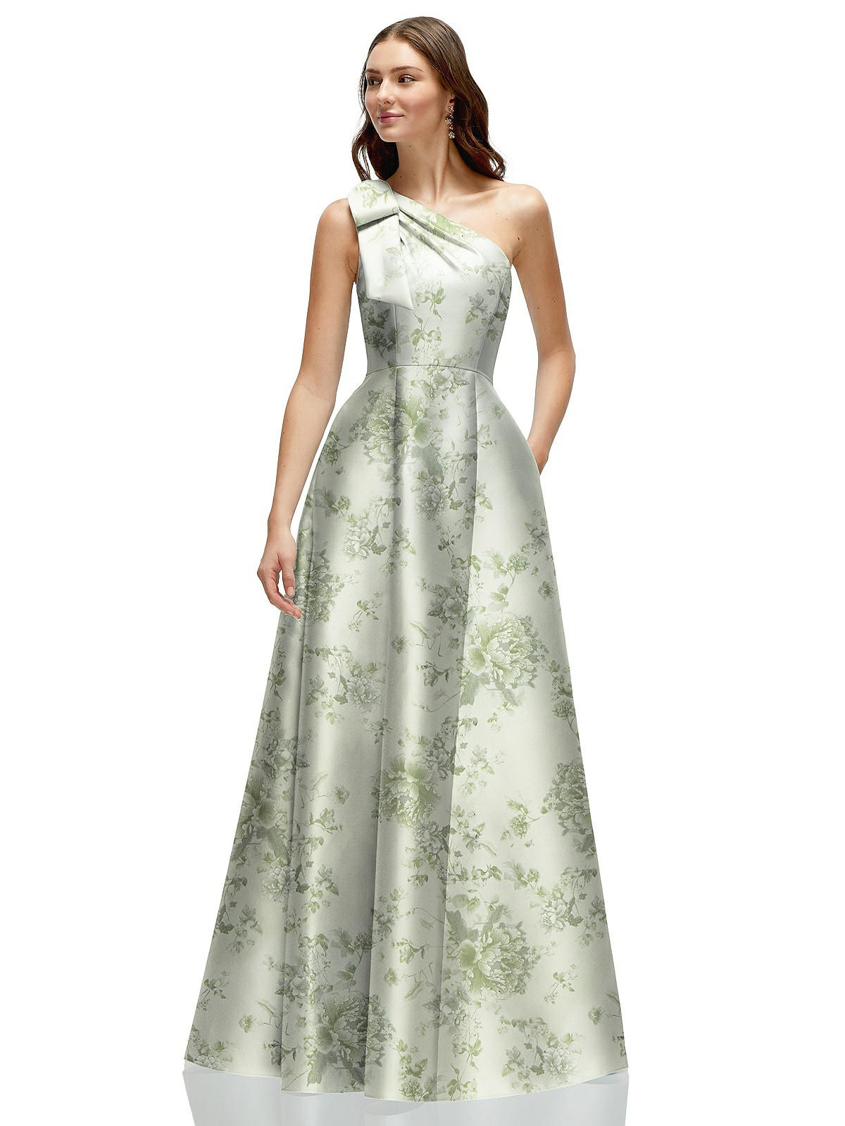 Bow One-Shoulder Full A-Line Floral Satin Maxi Dress in Sage Cottage Rose | The Dessy Group