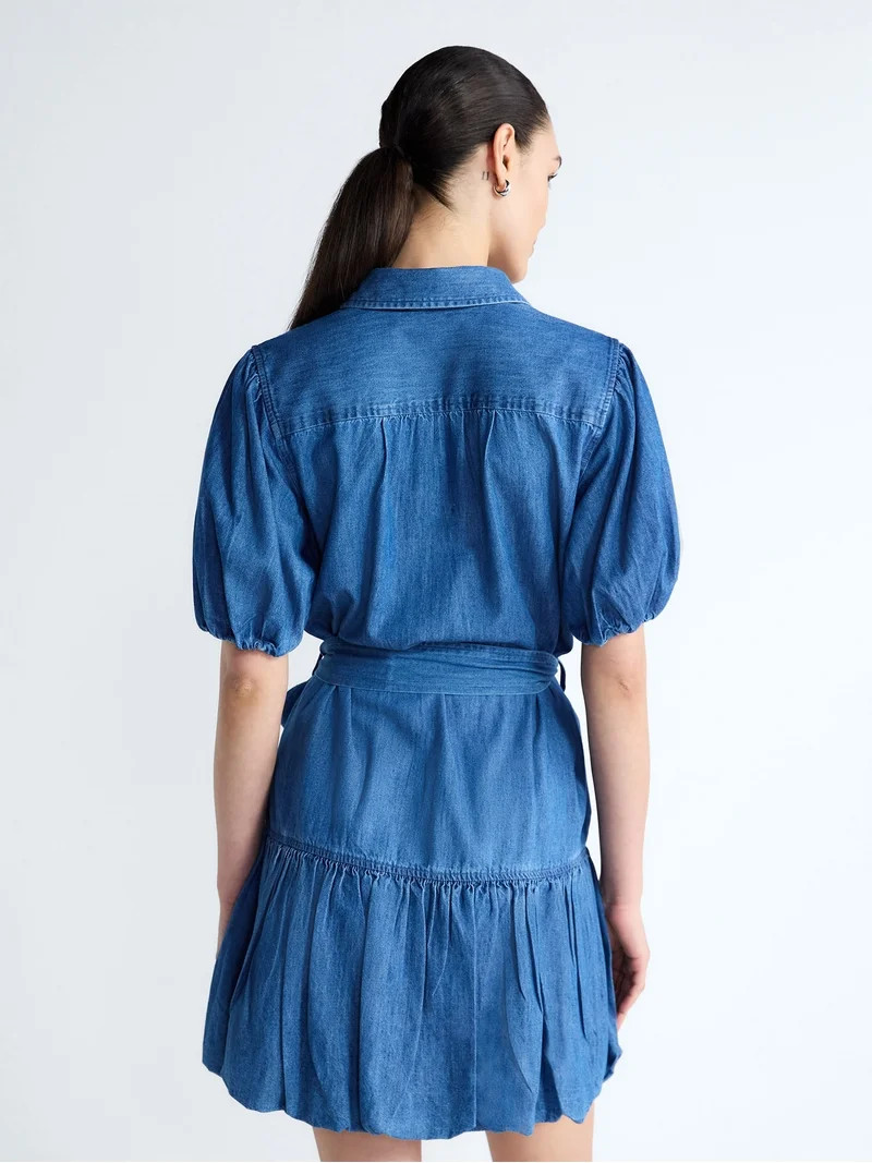 Free Assembly Women's and Women's Plus Denim Mini Dress with Puff Sleeves, Sizes XS-4X | Walmart (US)