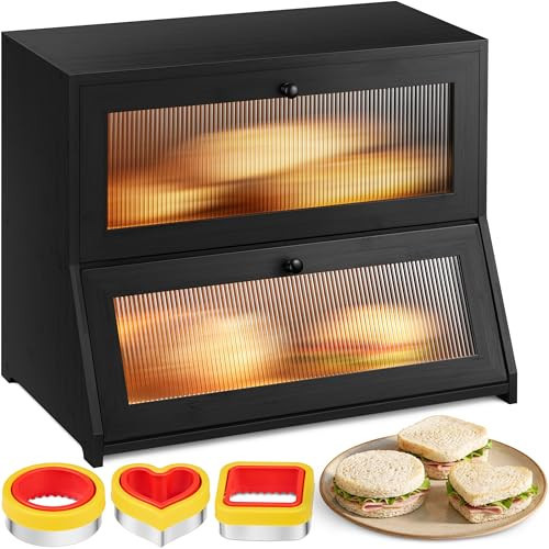 Boulora Large Bread Box for Kitchen Countertop - Black Bread Box, Bamboo Breadbox & Wooden Bread Boxes | Vintage Countertop Cabinet | Ventilated Double-Layer, Panoramic Windows, Cutters & Sealers | Amazon (US)