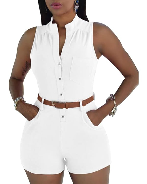 XXTAXN Women's Sexy V Neck Rompers One Piece Short Jumpsuit with Belt And Pockets | Amazon (US)