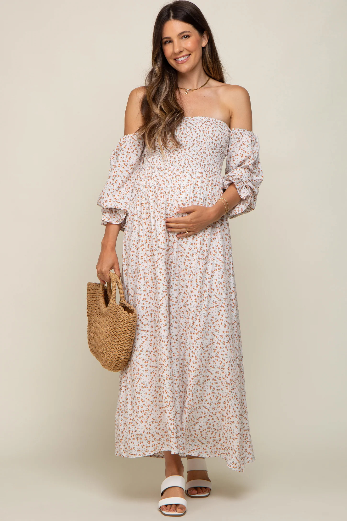 Cream Floral Square Neck Smocked Long Sleeve Maternity Maxi Dress | PinkBlush Maternity