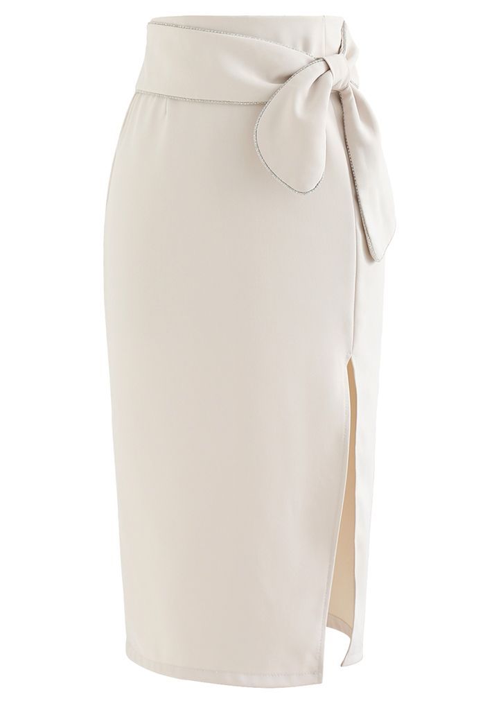 Crystal Edge Knotted Waist Split Pencil Skirt in Ivory | Chicwish