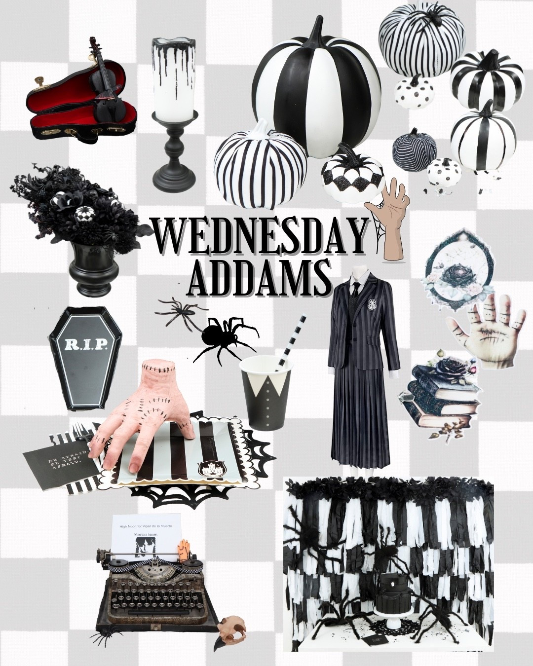 🚨 TRICK OR THEME DROP #5 🚨
This week’s drop: Wednesday Addams 🖤🕷️
 
This Wednesday drop has been stitched together from two Halloween parties. Call it a patchwork of perfection: black-and-white backdrops, striped plates, coffin trays, spiderweb placemats, and pumpkins from one—an eerie typewriter centerpiece, activities with black hearts, and switchblade guest names from the other. Add in giant spiders crawling across the setup and custom confetti scattered like shadows, and it’s all the colorless inspiration she’d ever tolerate.
 
It’s Wednesday’s version of a party: gothic, deadpan, and just twisted enough.
Here’s what you’ll find in this drop:

✨ DIY centerpiece: Wednesday’s typewriter vignette
🖤 Guest detail: switchblade place cards with Gomez’s names for Wednesday
🎲 Activity: watch party and black quote hearts with lines like “I do like stabbing”
🛒 Shop-the-look monochrome Addams picks
⚡ Pro hack: use a statement fringe backdrop in black + white checks to set the scene instantly
💀 Save this inspo for your Halloween party
🕸️
👻 FOLLOW so you don’t miss the next drop
#trickortheme #wednesdayaddams #halloweendecor #halloweendiy #halloweenpartyideas

#LTKSeasonal #LTKParties #LTKHalloween