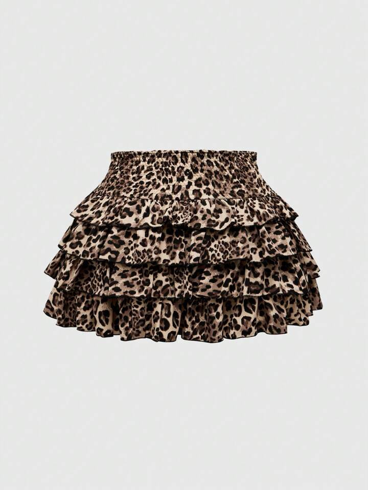 ROMWE Plus Size Y2K Leopard Print Pleated Minimalist Casual Skirt | SHEIN