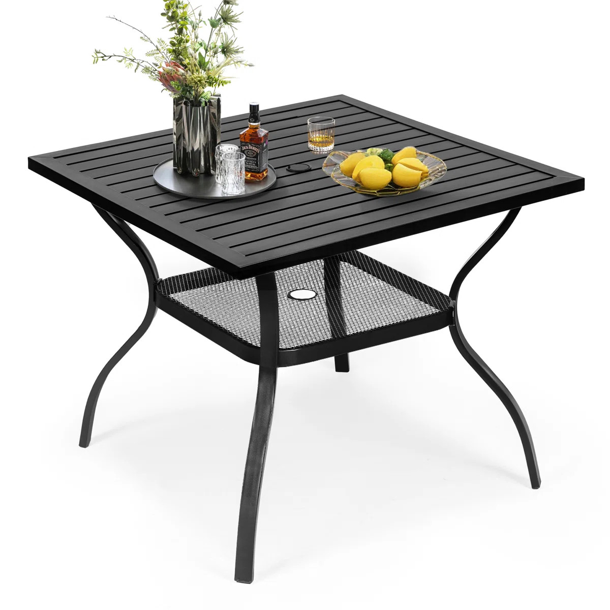Jayc Square Steel Outdoor Dining Table with 1.65'' Umbrella Hole, Slatted Tabletop and Storage Sp... | Wayfair North America