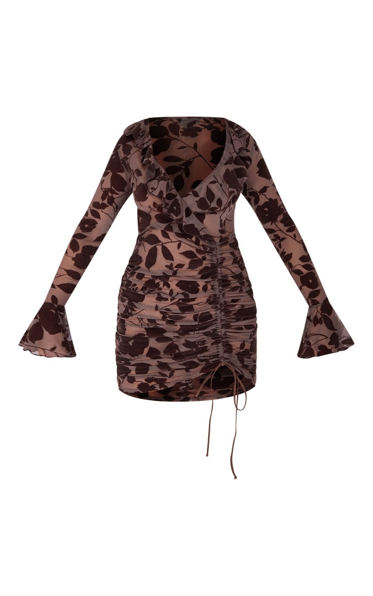 Dark Chocolate Floral Flocked Frill Detail Ruched Bodycon Dress | PrettyLittleThing US