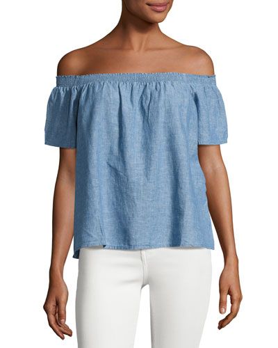 Amesti B Chambray Off-the-Shoulder Top, Blue | Neiman Marcus