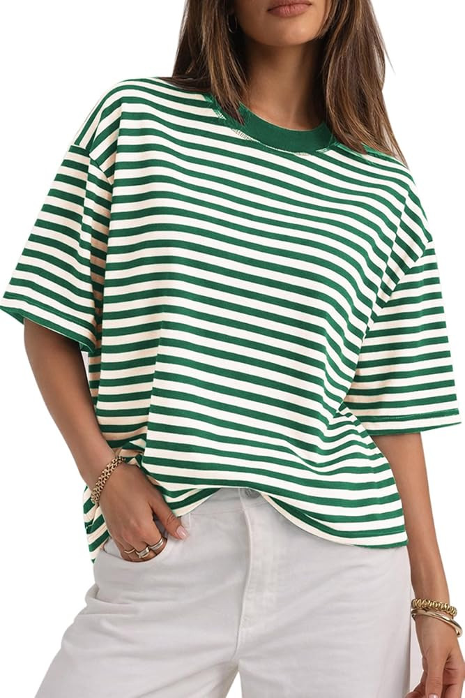 CHYRII Womens Oversized Striped T Shirts Short Sleeve Fashion 2026 Casual Crewneck Summer Y2K Clo... | Amazon (US)