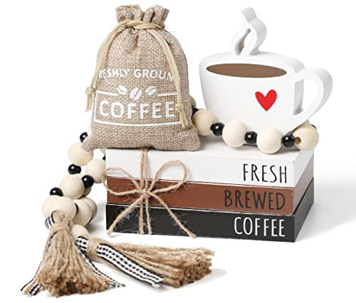 6 PCS Coffee Bar Decor Mini Coffee Bar Accessories Coffee Bar Sign Coffee Tiered Tray Decor Coffee Wooden Book Stacks Rustic Farmhouse Coffee Table Sign | Amazon (US)
