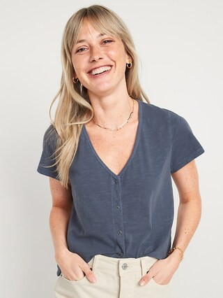 Slub-Knit V-Neck Button-Front Top  for Women | Old Navy (US)