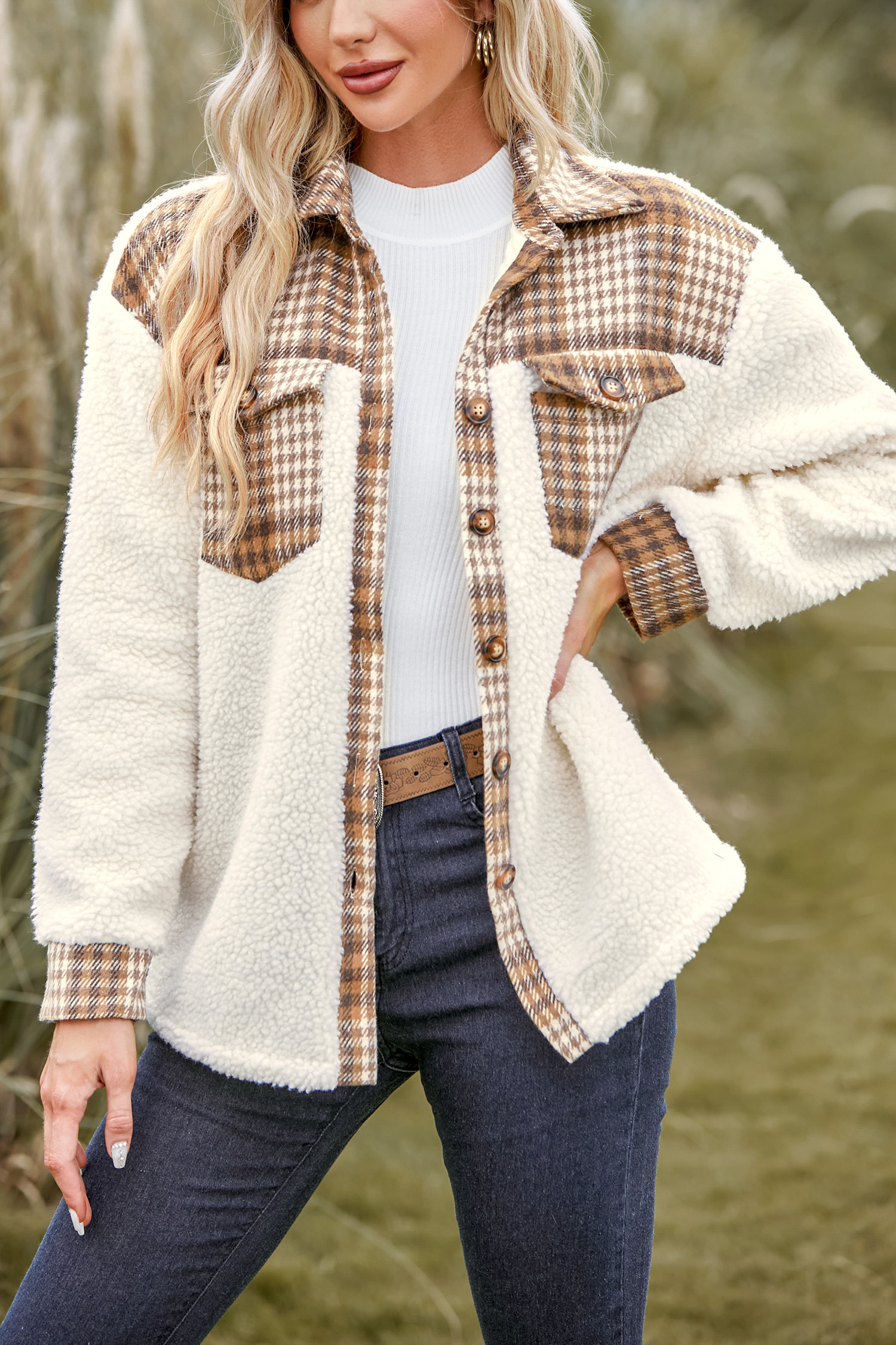 Plaid Flap Pocket Teddy Coat | Cupshe US