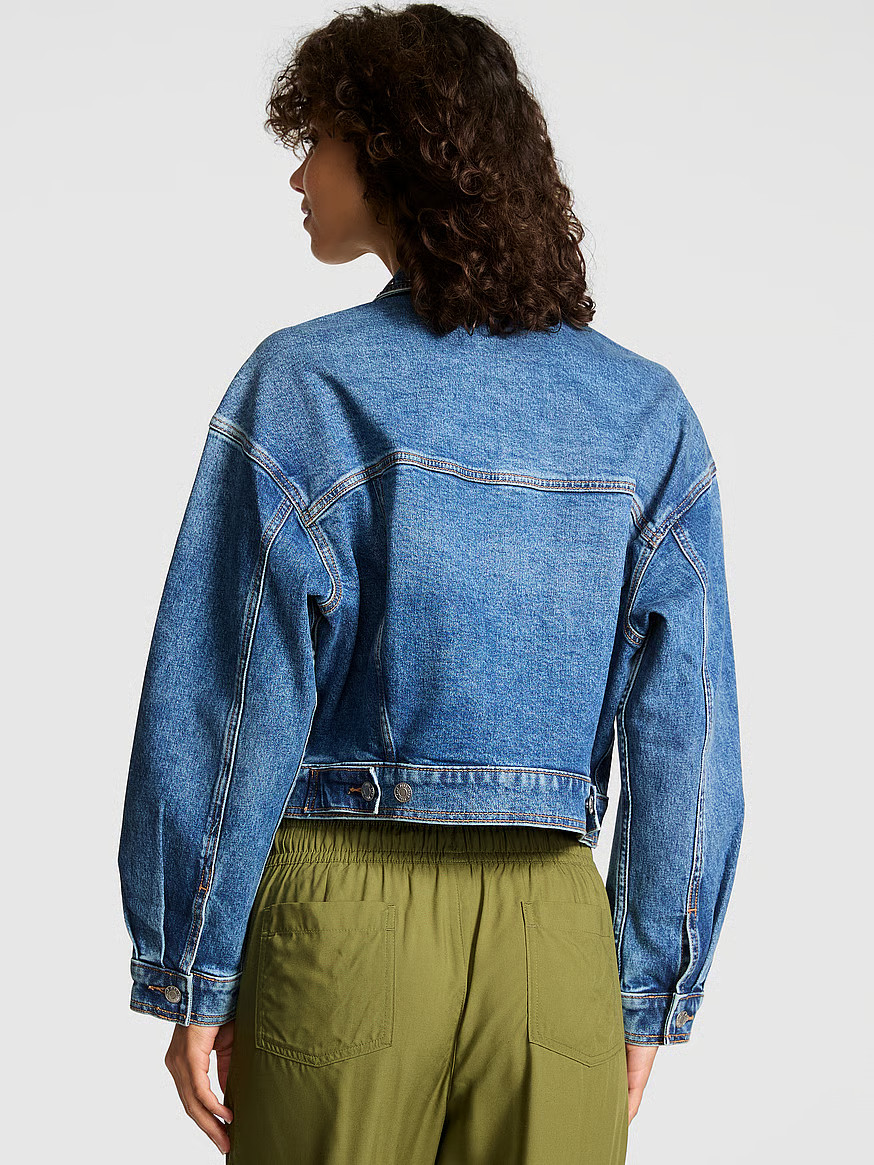 Buy Denim by PINK Cropped Trucker Jacket, Bright Medium Wash Studs - Order Jackets & Outerwear on... | Victoria's Secret (US / CA )